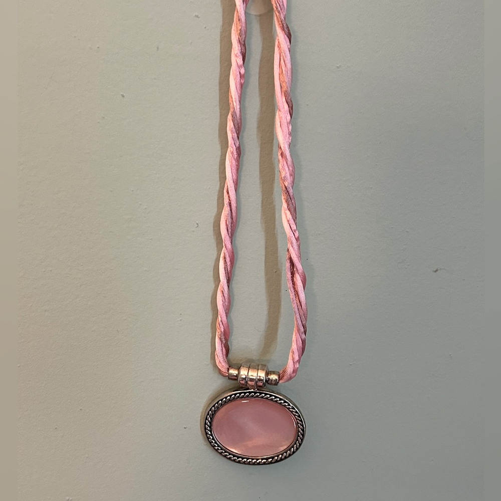 Vintage ESPO pink MOP 925 snap pendant necklace with pink silk cord. 16 inches. - Picture 2 of 6